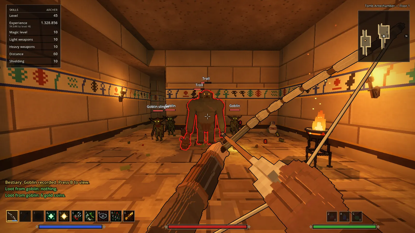 Arqueiro mirando o arco num troll e em goblins na antecâmara da tumba