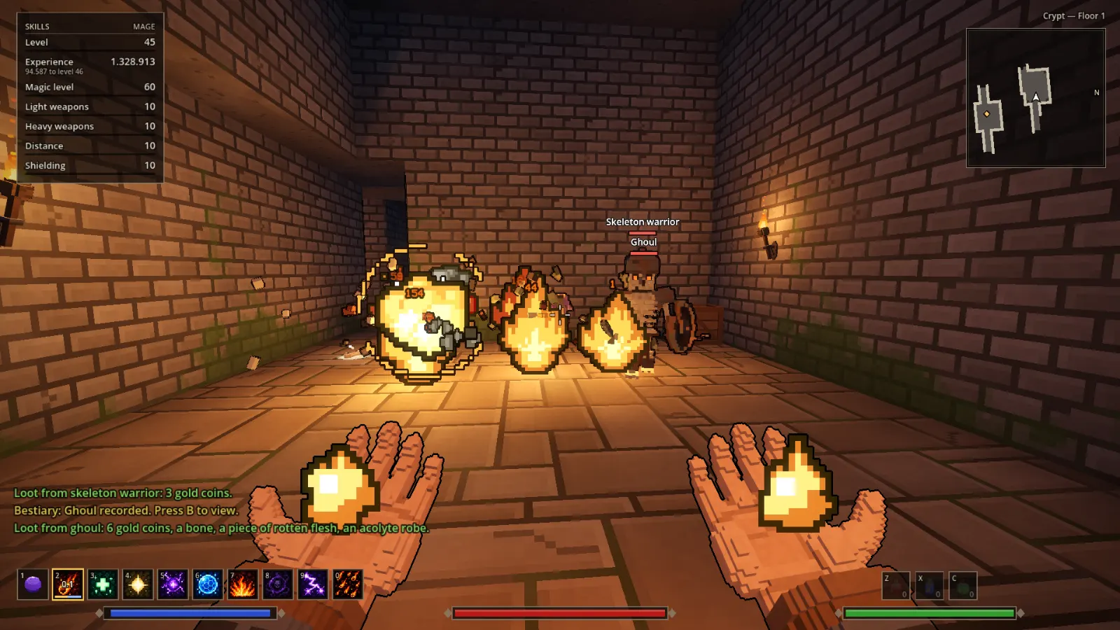 Bolas de fogo queimando esqueletos e um ghoul num corredor da cripta