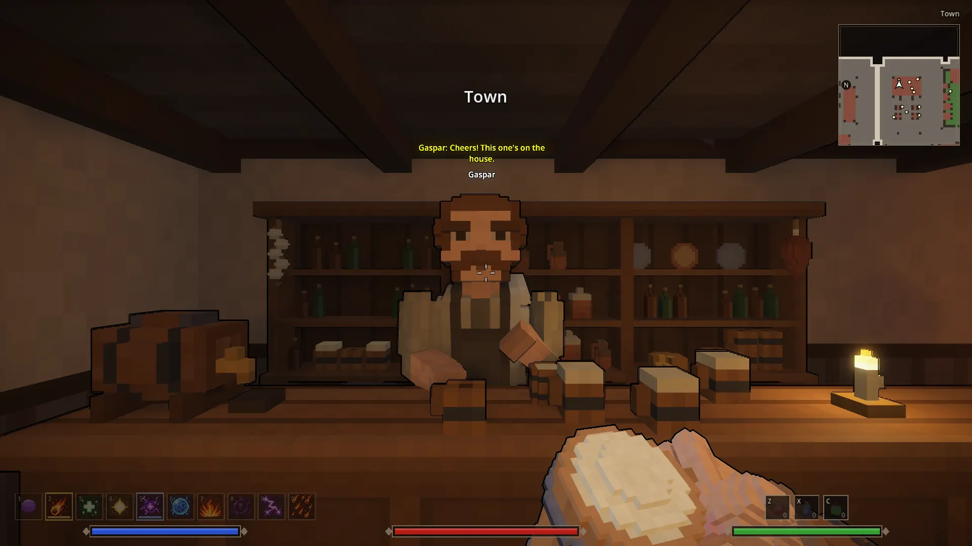 Gaspar servindo uma cerveja por conta da casa no balcão da taverna