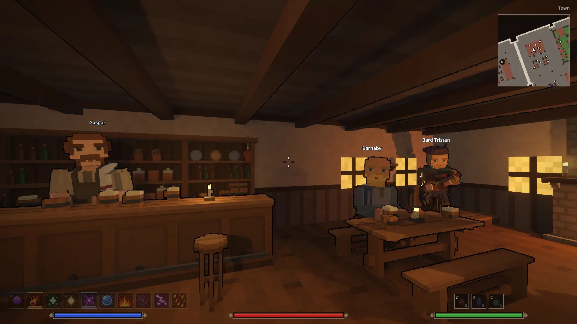 O salão da taverna, com o taverneiro no balcão e um bardo tocando